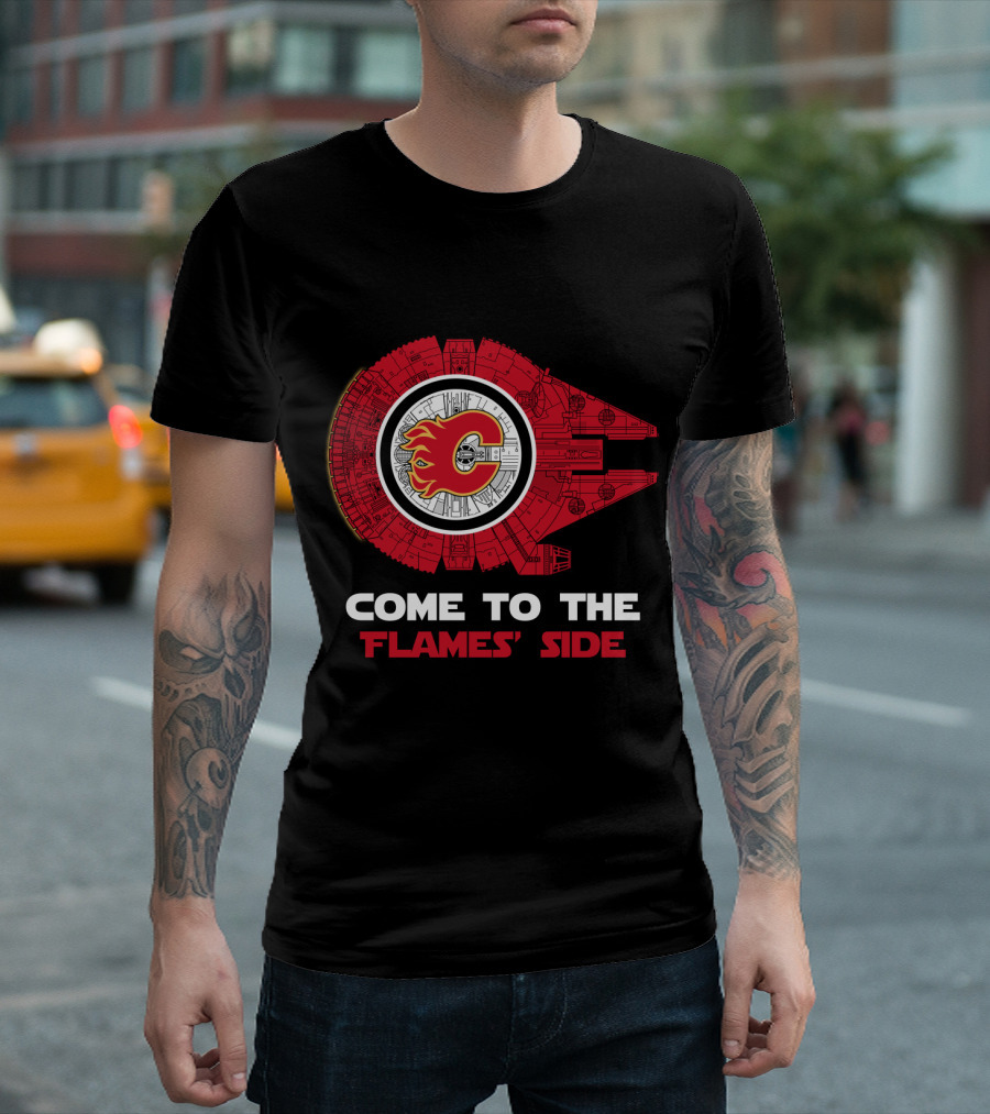 Come to the Flames' Side Calgary Flames Millennium Falcon T-Shirt