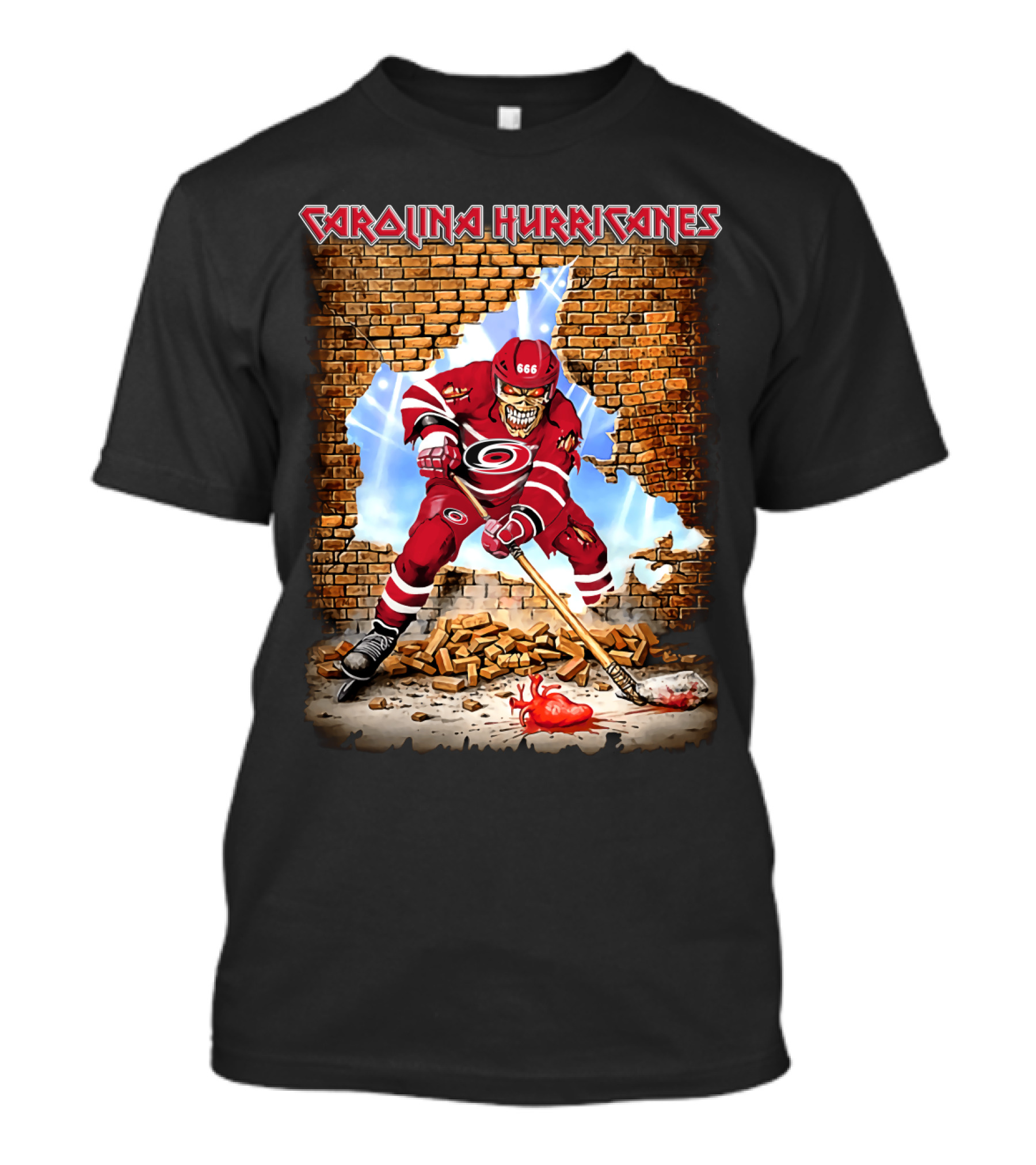 Carolina Hurricanes Skeleton Hockey Player Brick Wall T-Shirt