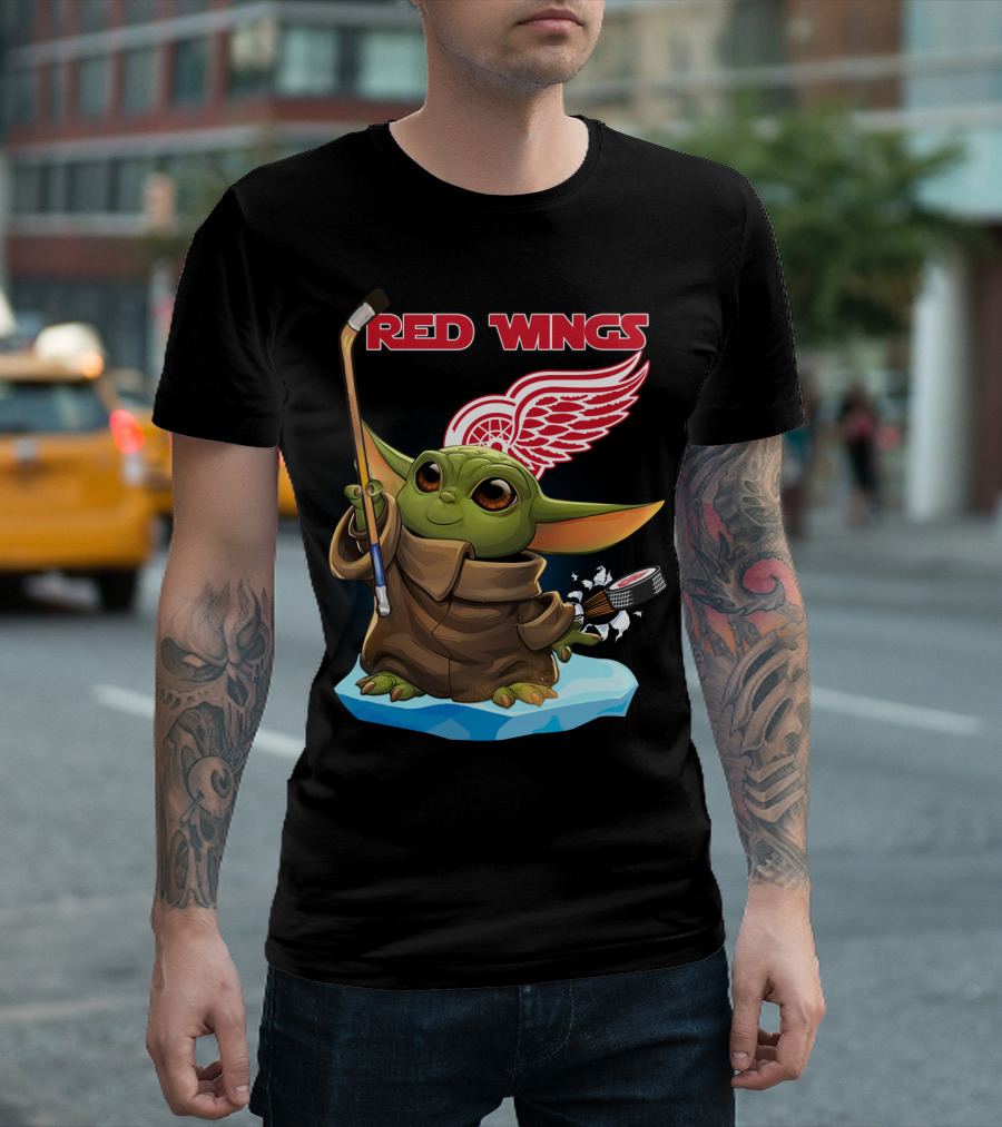 Red Wings Baby Yoda Hockey Stick NHL Frozen Puck T-Shirt