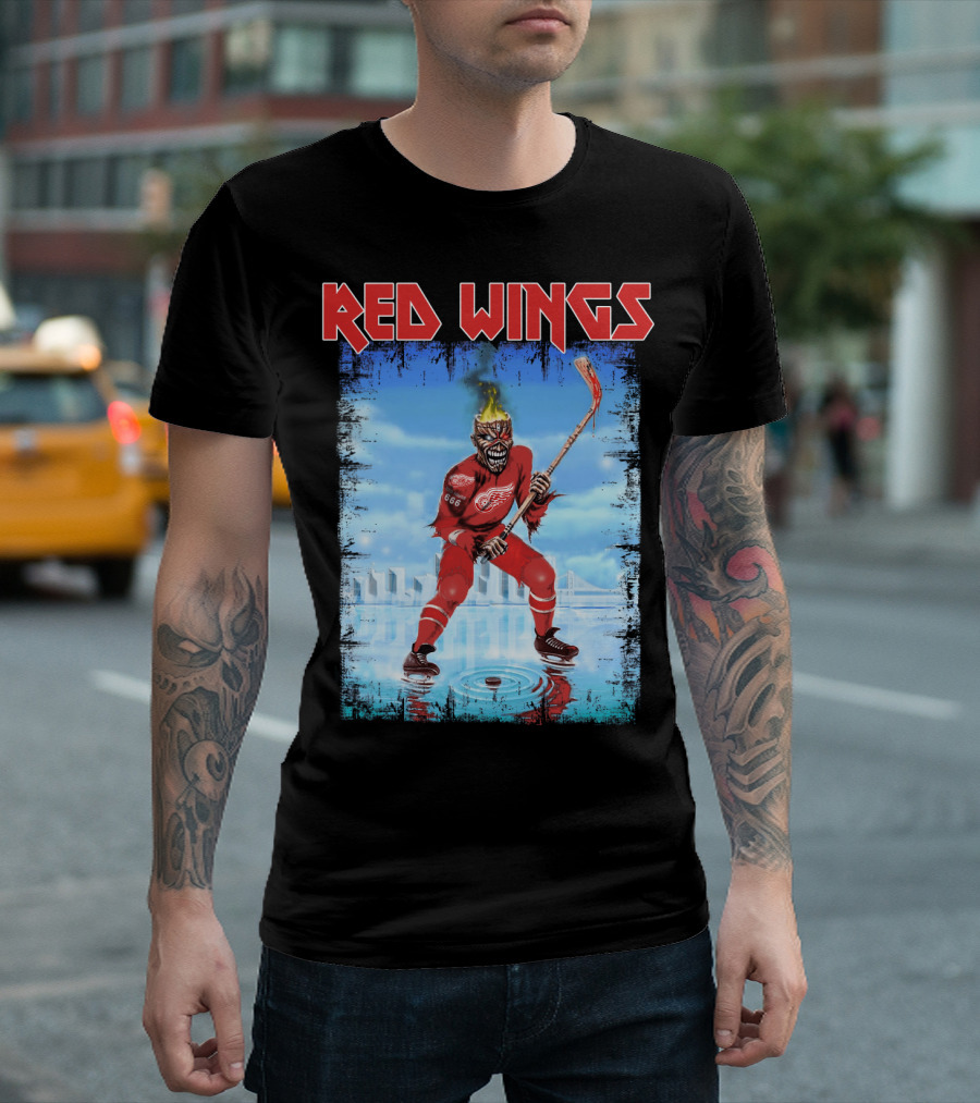 Red Wings Flaming Demon Hockey Player On Ice With Detroit Cityscape T-Shirt
