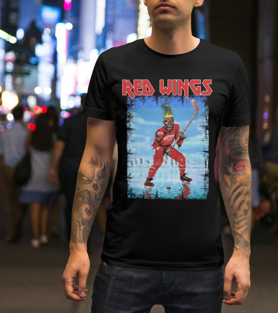 Red Wings Flaming Demon Hockey Player On Ice With Detroit Cityscape T-Shirt
