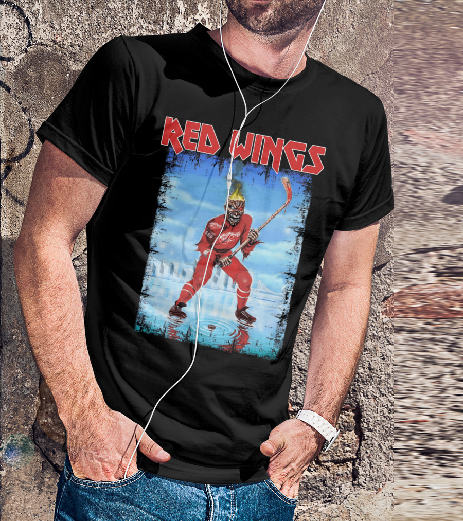 Red Wings Flaming Demon Hockey Player On Ice With Detroit Cityscape T-Shirt