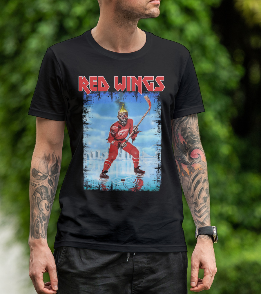 Red Wings Flaming Demon Hockey Player On Ice With Detroit Cityscape T-Shirt