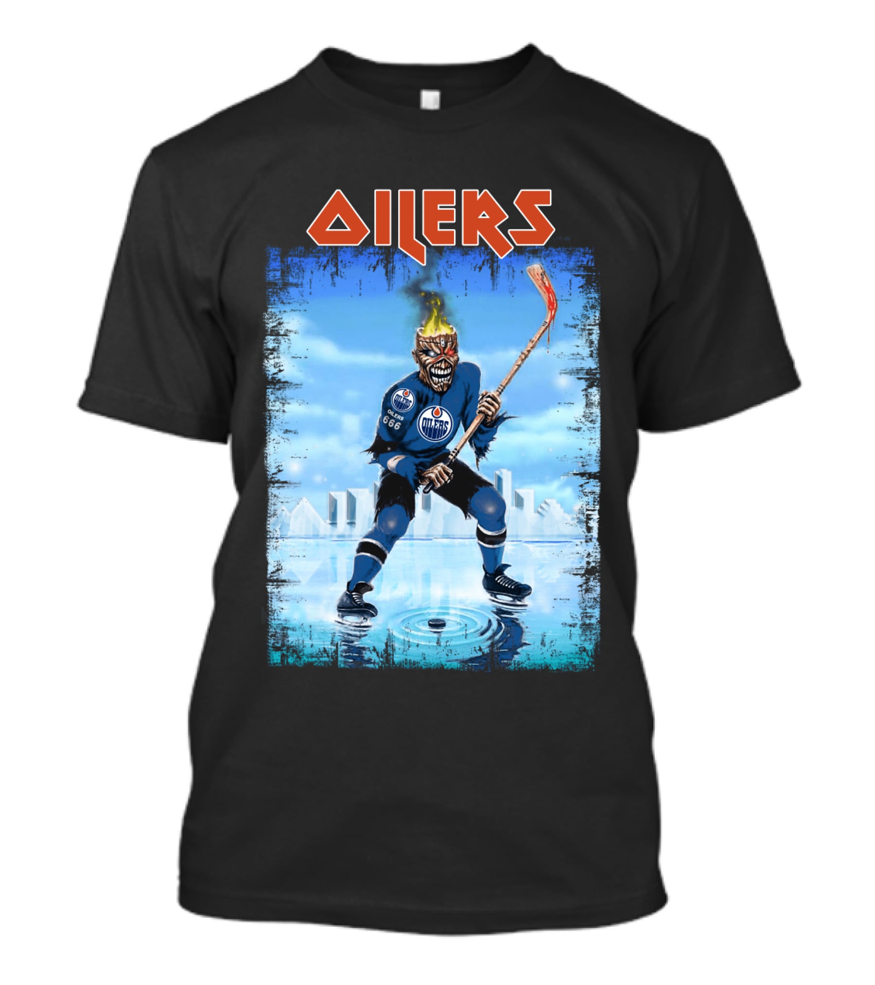 Oilers Edmonton Hockey Player With Fiery Skull And Hockey Stick T-Shirt