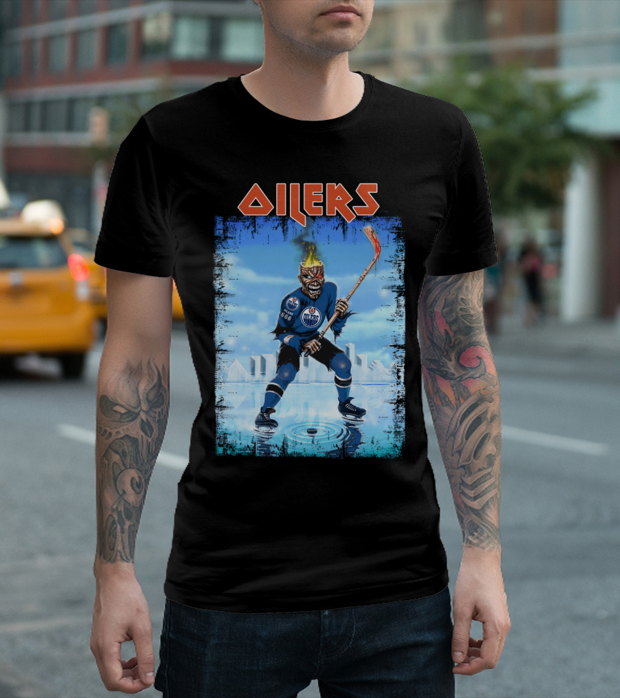 Oilers Edmonton Hockey Player With Fiery Skull And Hockey Stick T-Shirt