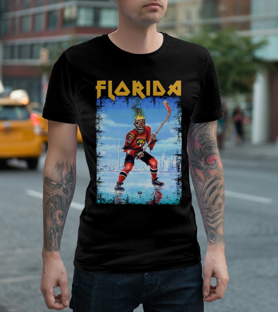 Florida Panthers Hockey Florida Ice Skeleton Hockey Player Flames T-Shirt