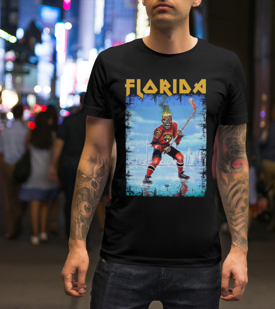 Florida Panthers Hockey Florida Ice Skeleton Hockey Player Flames T-Shirt
