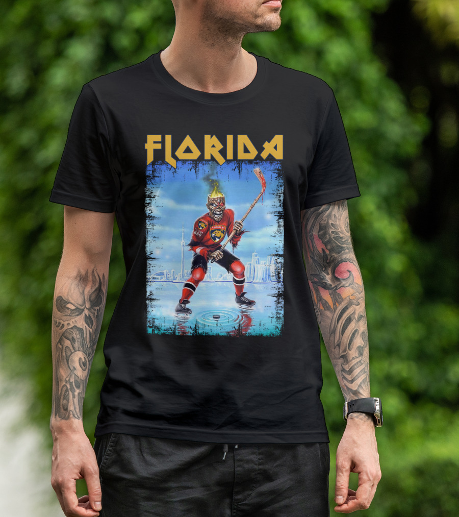 Florida Panthers Hockey Florida Ice Skeleton Hockey Player Flames T-Shirt
