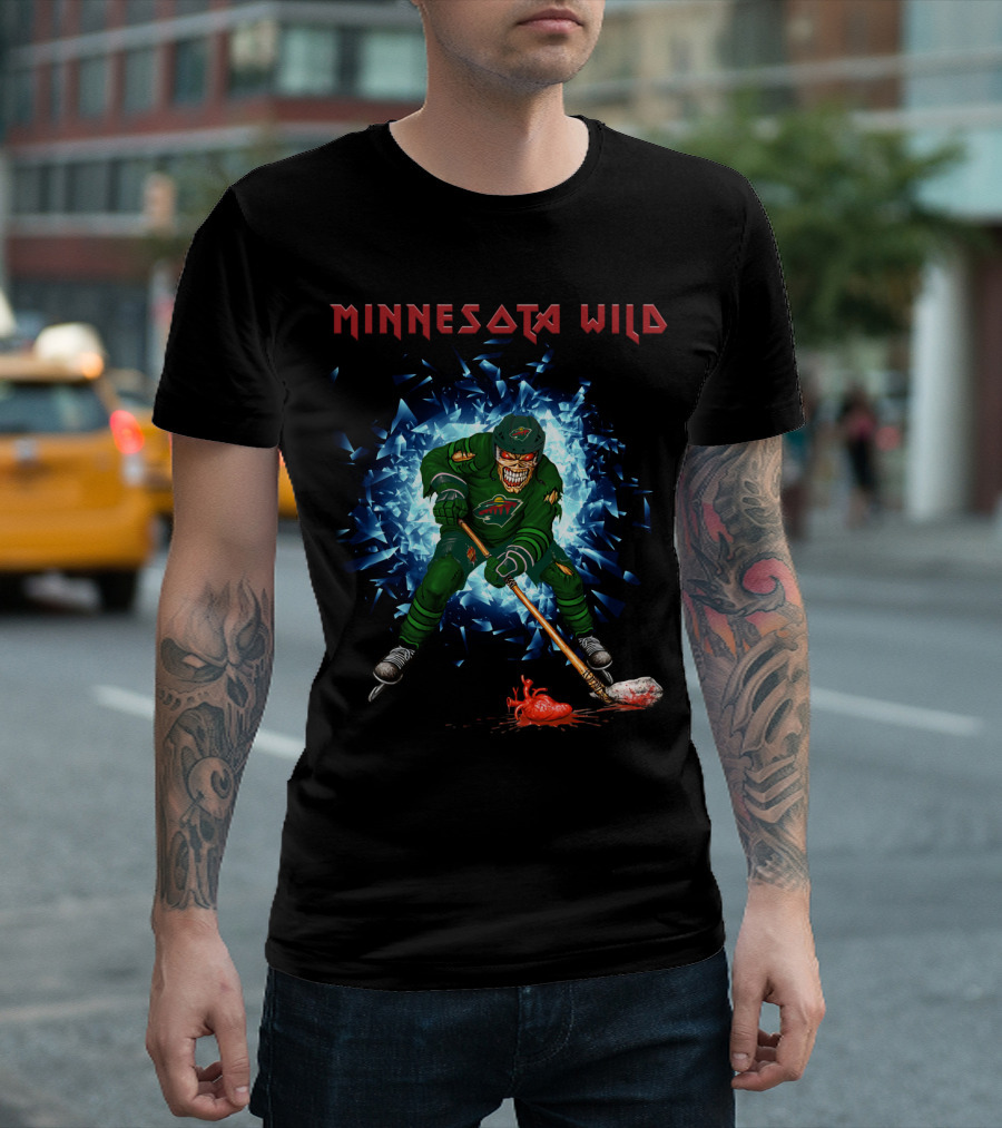 Minnesota Wild Hockey Skeleton Breaking Through Ice With Stick And Heart T-Shirt
