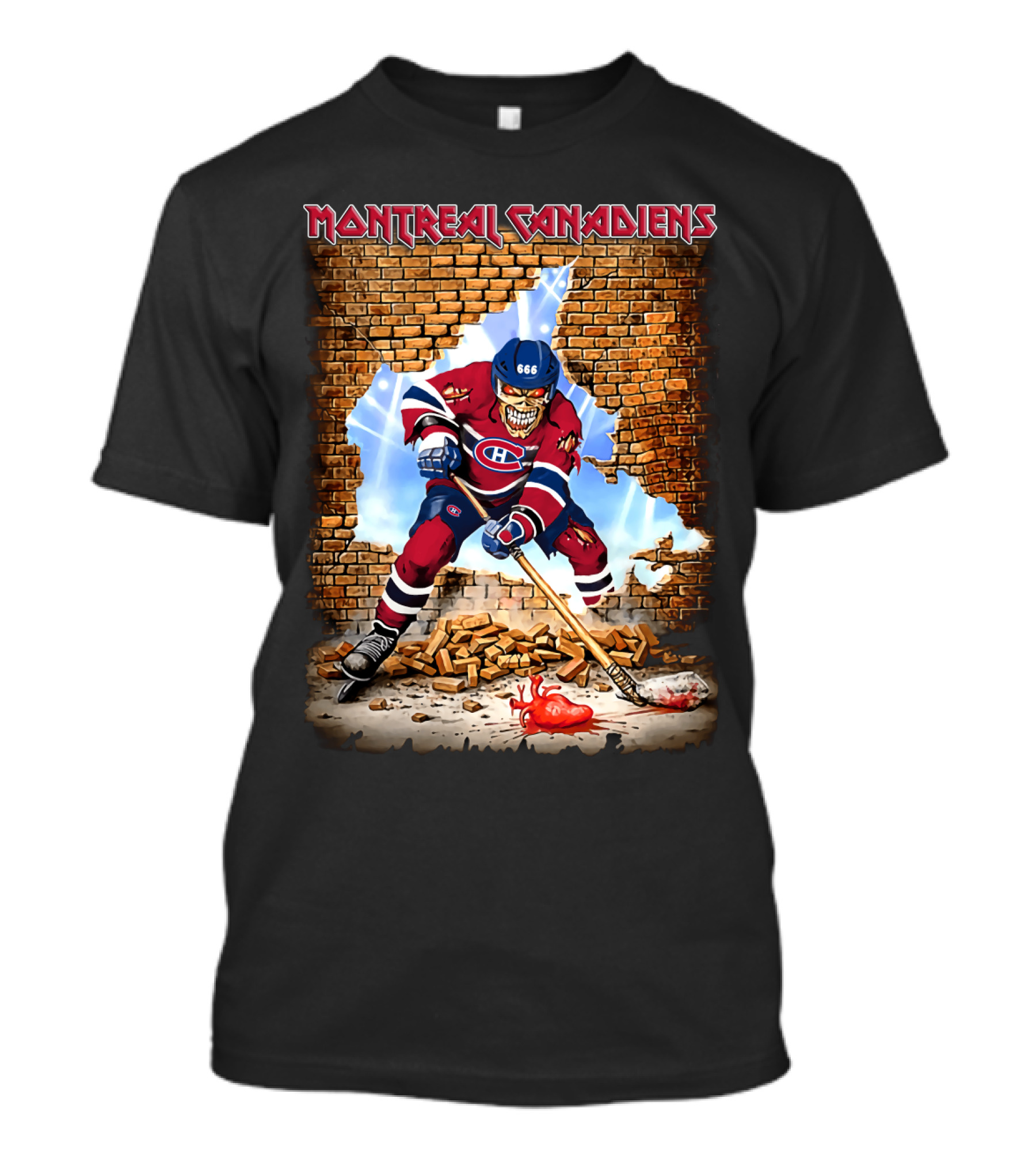 Montreal Canadiens Hockey Skeleton In Brick Wall Breakthrough With Stick And Puck T-Shirt