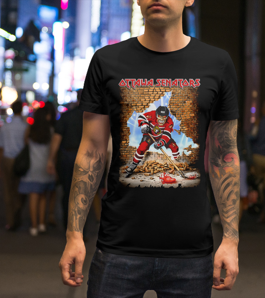 Ottawa Senators Hockey Skeleton Breaking Wall With 666 Helmet T-Shirt