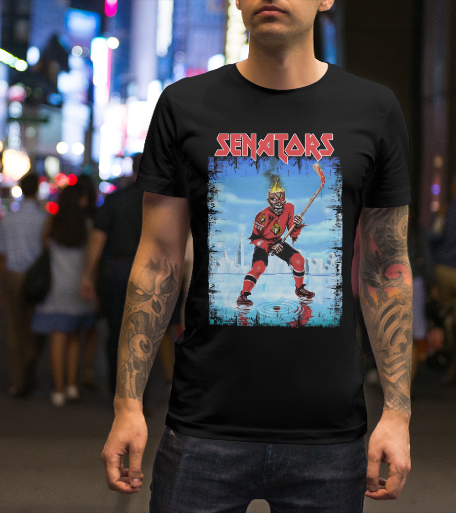 Senators Hockey Skeleton With Flaming Head And Hockey Stick T-Shirt
