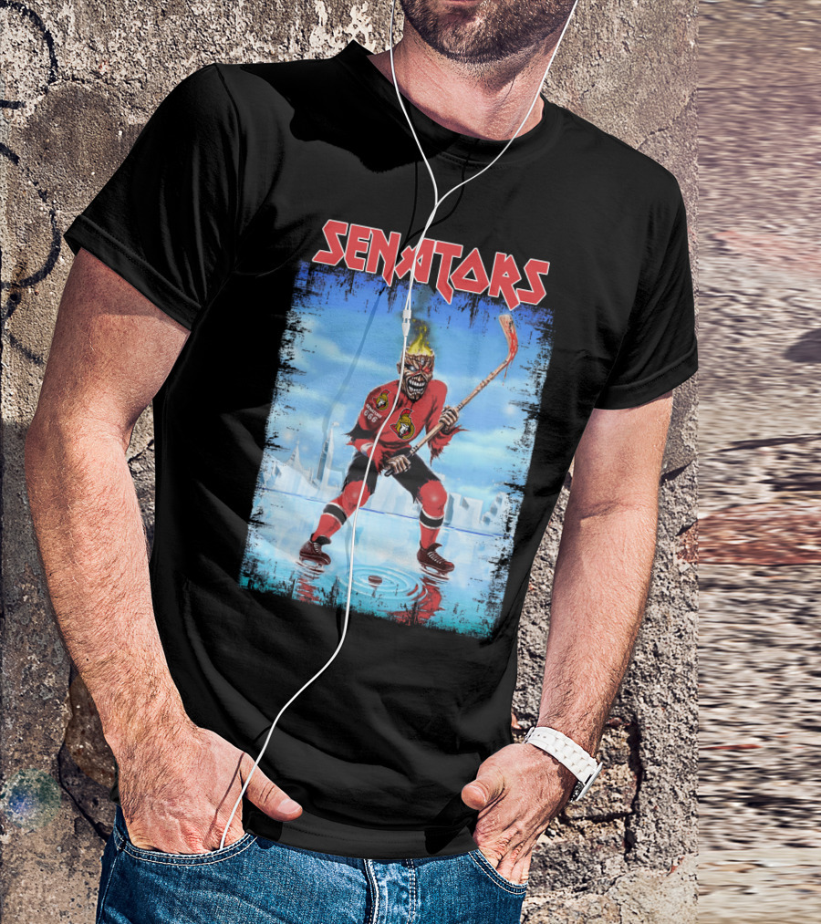Senators Hockey Skeleton With Flaming Head And Hockey Stick T-Shirt