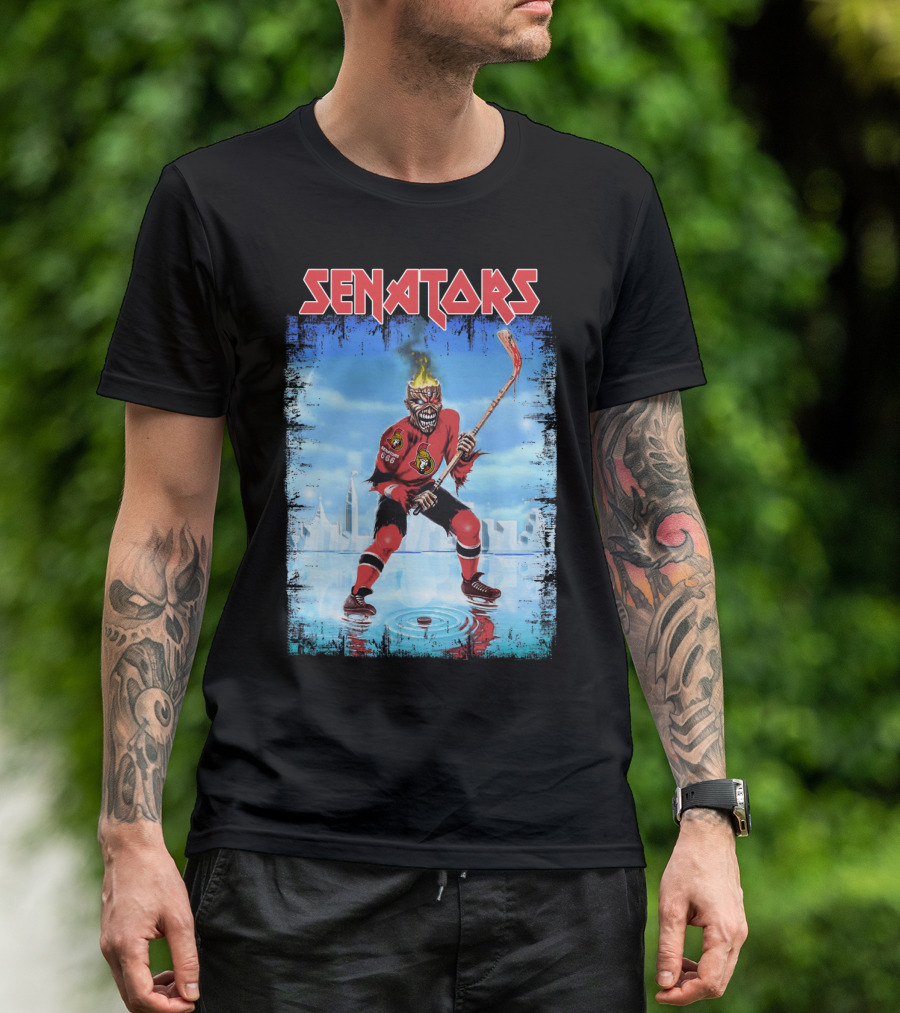 Senators Hockey Skeleton With Flaming Head And Hockey Stick T-Shirt