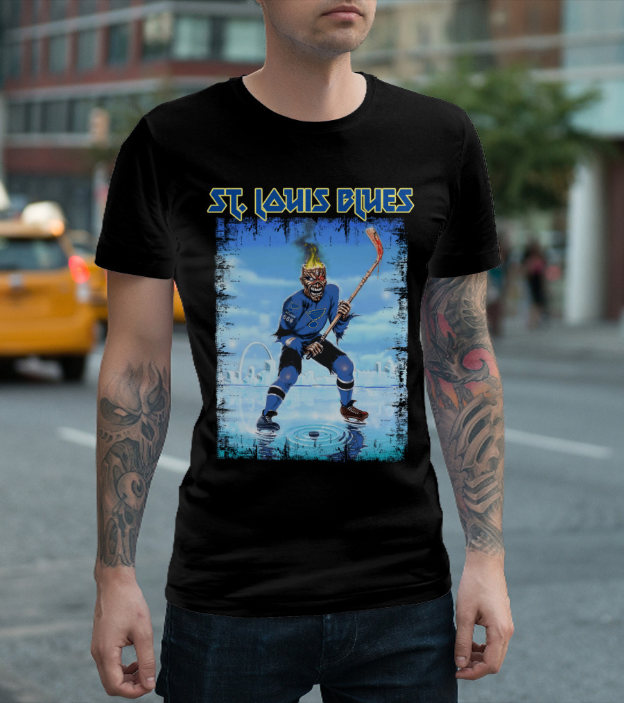 ST. LOUIS BLUES Hockey Player with Fiery Head and Ice Arena Background T-Shirt