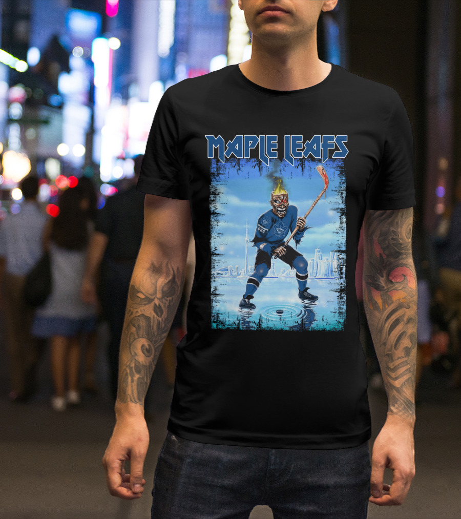 Maple Leafs Hockey Player With Fiery Skull And Hockey Stick On Ice In Front Of City Skyline T-Shirt