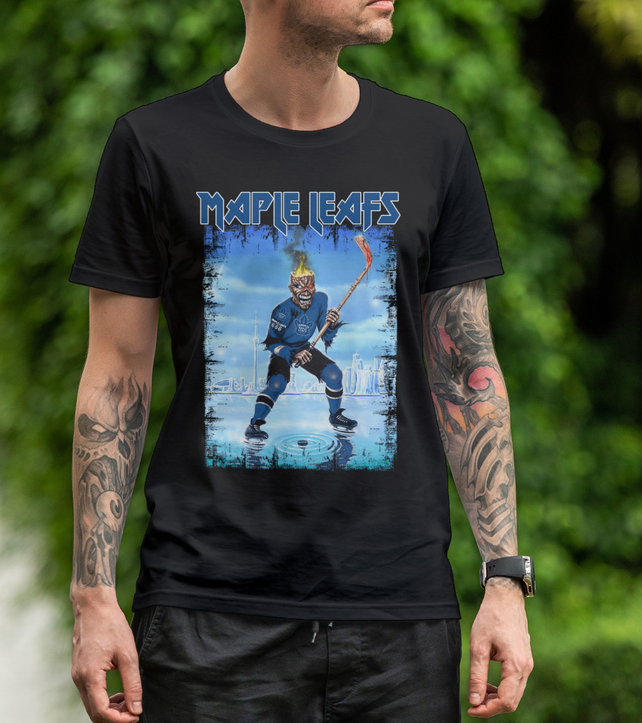 Maple Leafs Hockey Player With Fiery Skull And Hockey Stick On Ice In Front Of City Skyline T-Shirt
