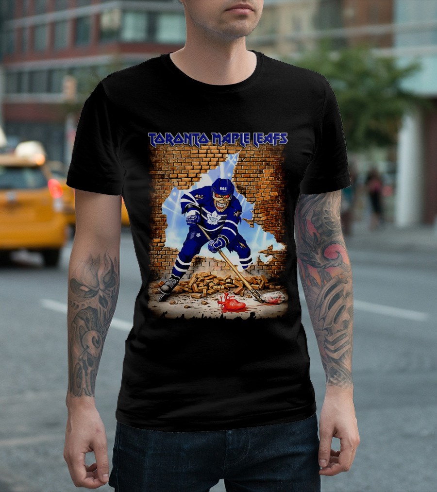 Toronto Maple Leafs Hockey Player Skeleton Breaking Brick Wall T-Shirt