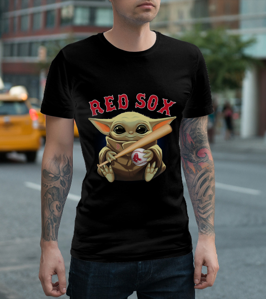 Boston Red Sox Baby Yoda Holding Baseball And Bat T-Shirt