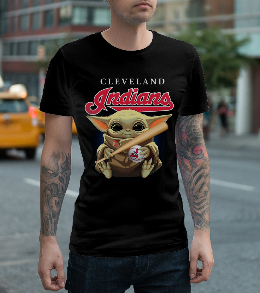 Cleveland Indians Baby Yoda Baseball Bat and Ball T-Shirt
