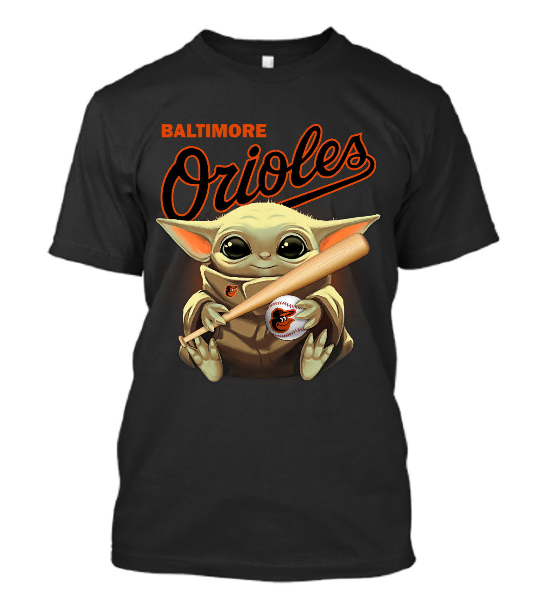 Baltimore Orioles Baby Yoda Holding Baseball And Bat T-Shirt