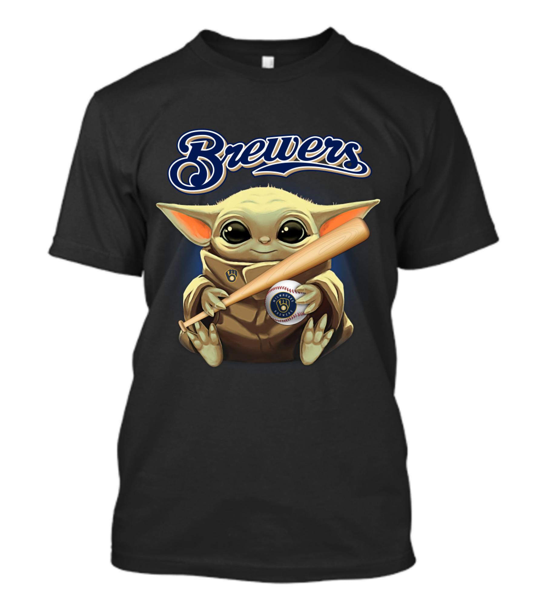 Milwaukee Brewers Baby Yoda Holding Baseball And Bat T-Shirt