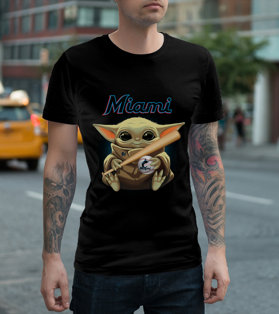 Miami Marlins Baby Yoda Baseball Bat and Ball T-Shirt
