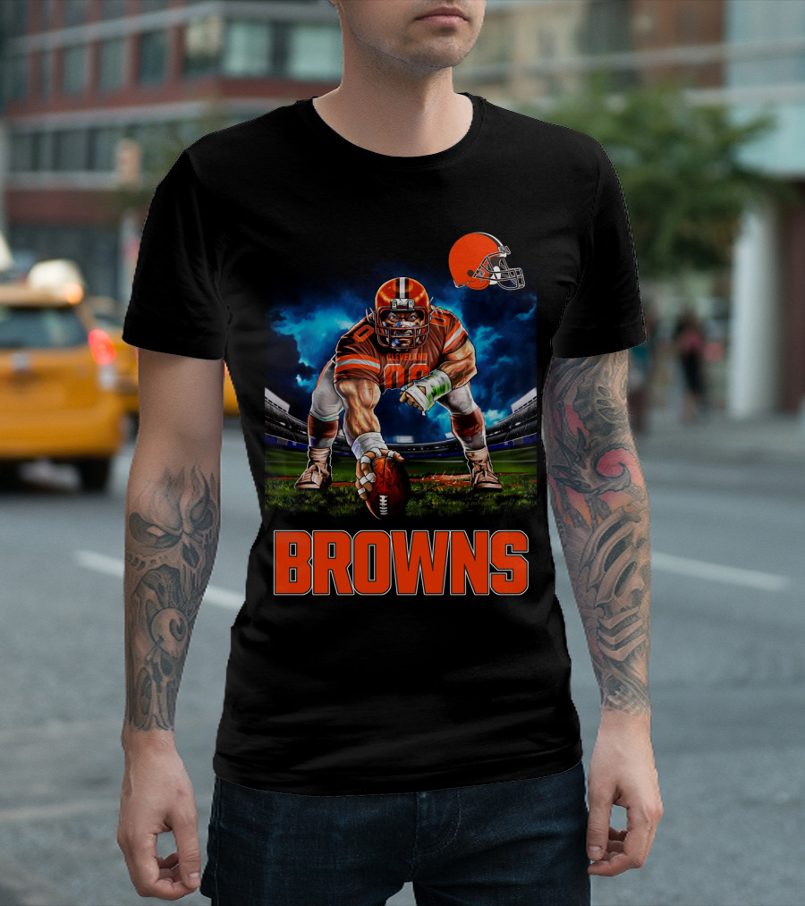Cleveland Browns Nfl 3 Point Stance Football Player Stadium Scene T-Shirt
