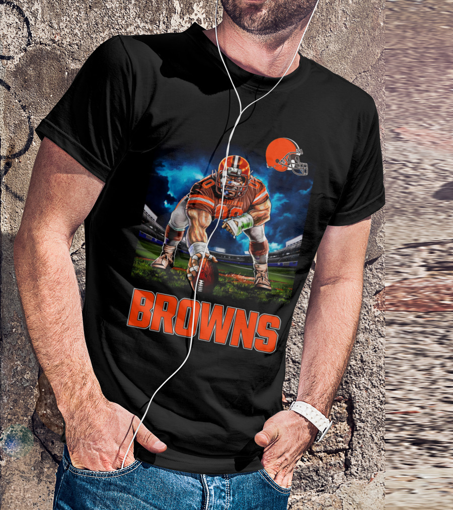 Cleveland Browns Nfl 3 Point Stance Football Player Stadium Scene T-Shirt