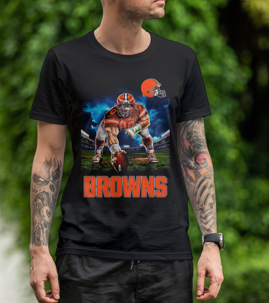 Cleveland Browns Nfl 3 Point Stance Football Player Stadium Scene T-Shirt