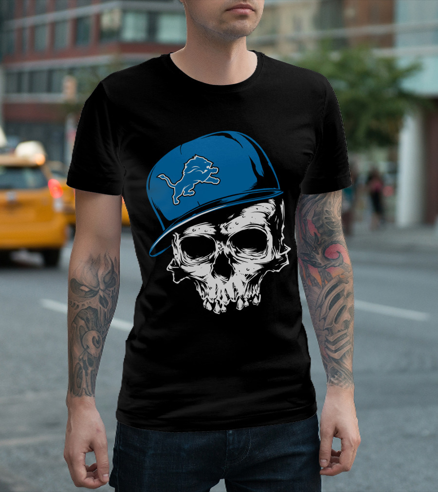 Detroit Lions Skull With Blue Cap Featuring Iconic Team T-Shirt