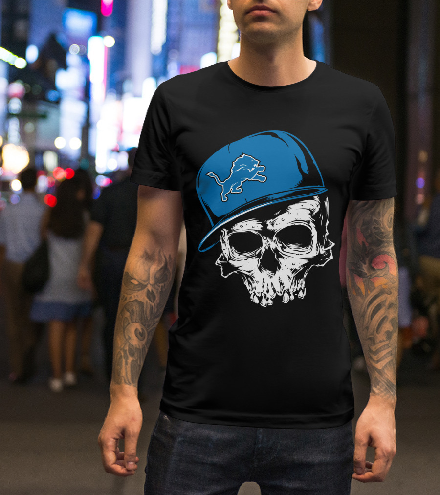 Detroit Lions Skull With Blue Cap Featuring Iconic Team T-Shirt