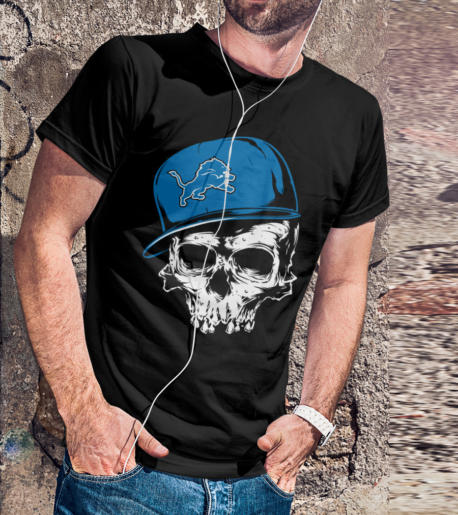 Detroit Lions Skull With Blue Cap Featuring Iconic Team T-Shirt