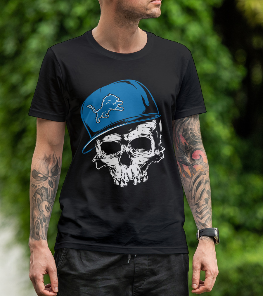 Detroit Lions Skull With Blue Cap Featuring Iconic Team T-Shirt