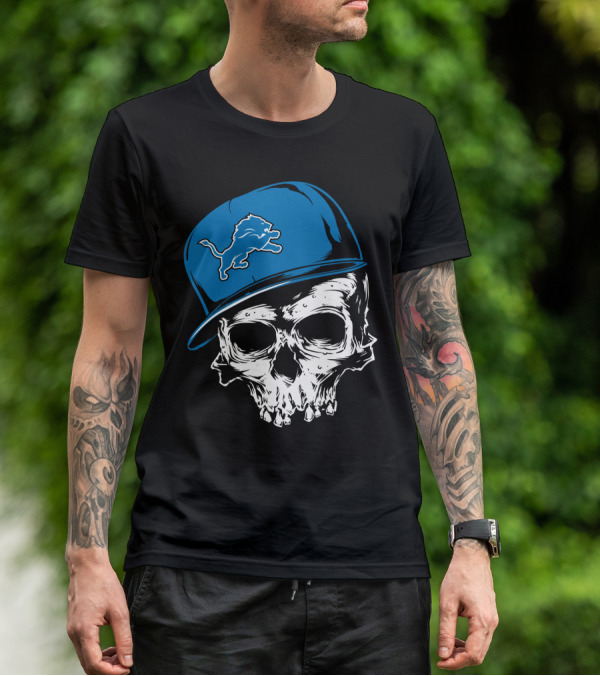Detroit Lions Skull With Blue Cap Featuring Iconic Team T-Shirt