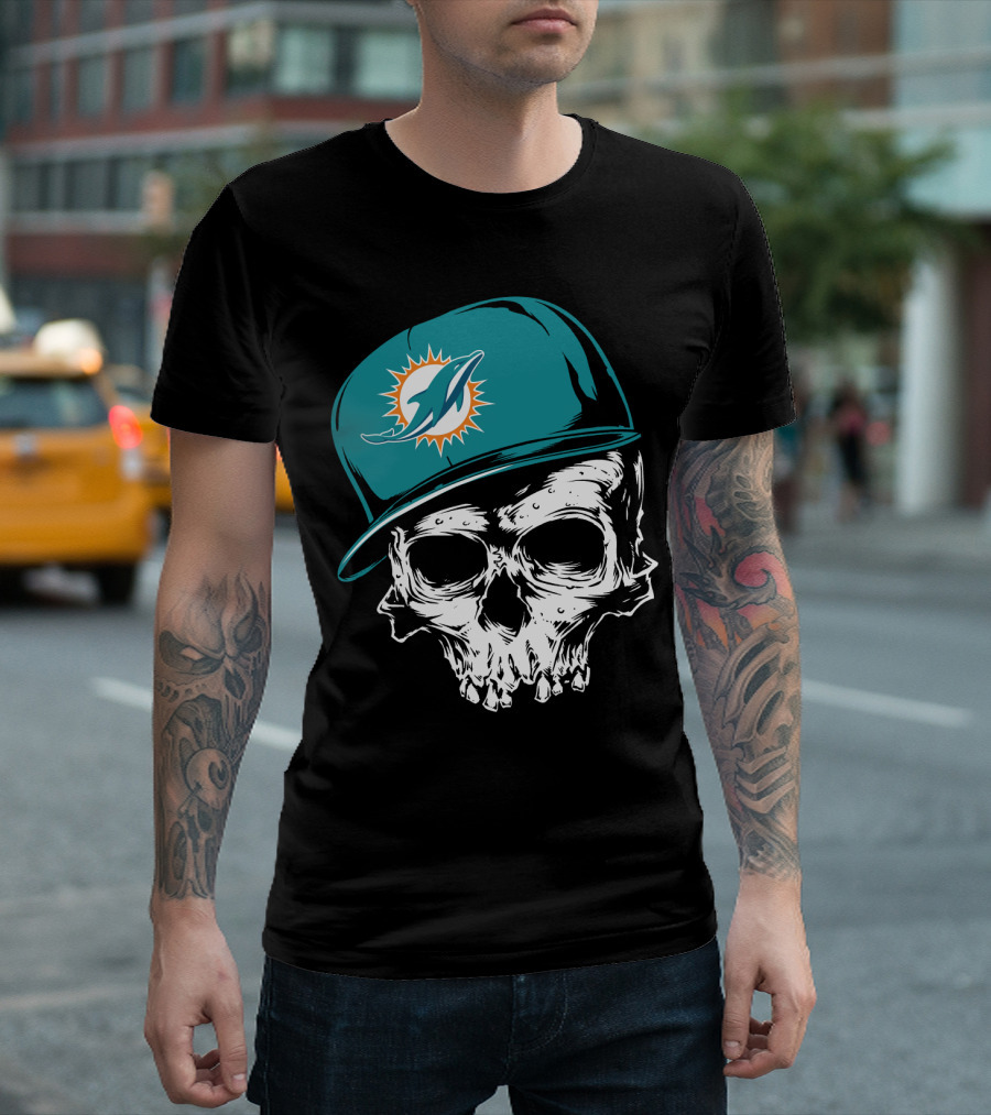 Miami Dolphins Skull With Teal Hat T-Shirt