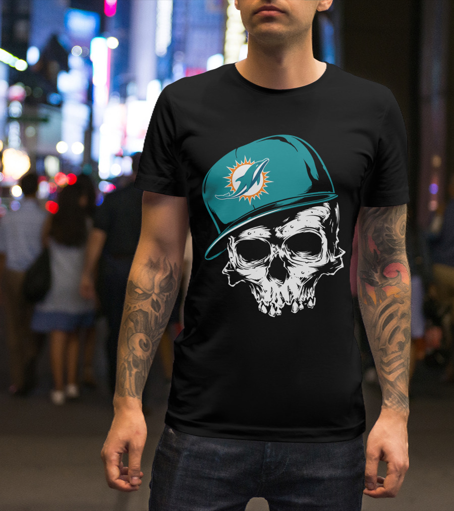 Miami Dolphins Skull With Teal Hat T-Shirt