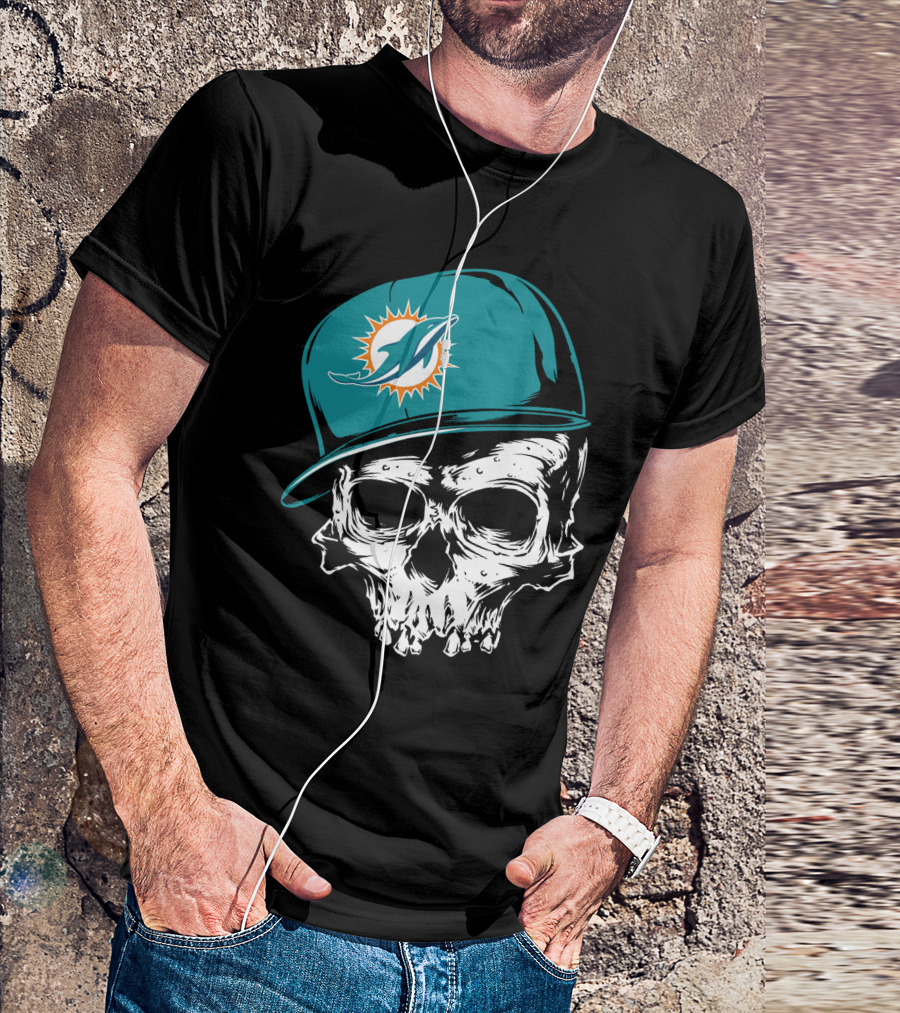 Miami Dolphins Skull With Teal Hat T-Shirt