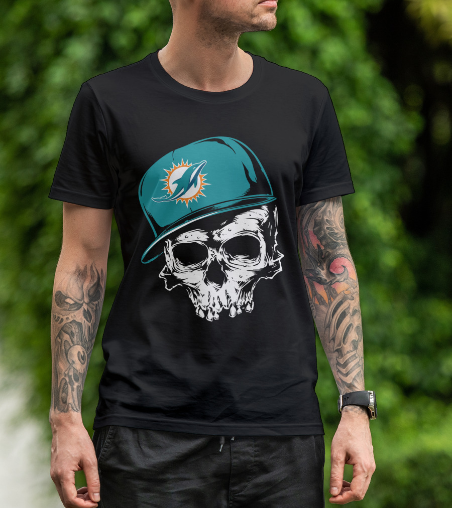 Miami Dolphins Skull With Teal Hat T-Shirt