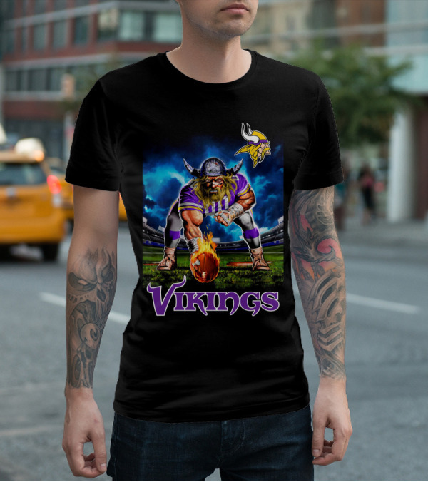Minnesota Vikings 3 Point Stance Nfl Viking Warrior With Helmet And Football In Stadium Nfl T-Shirt