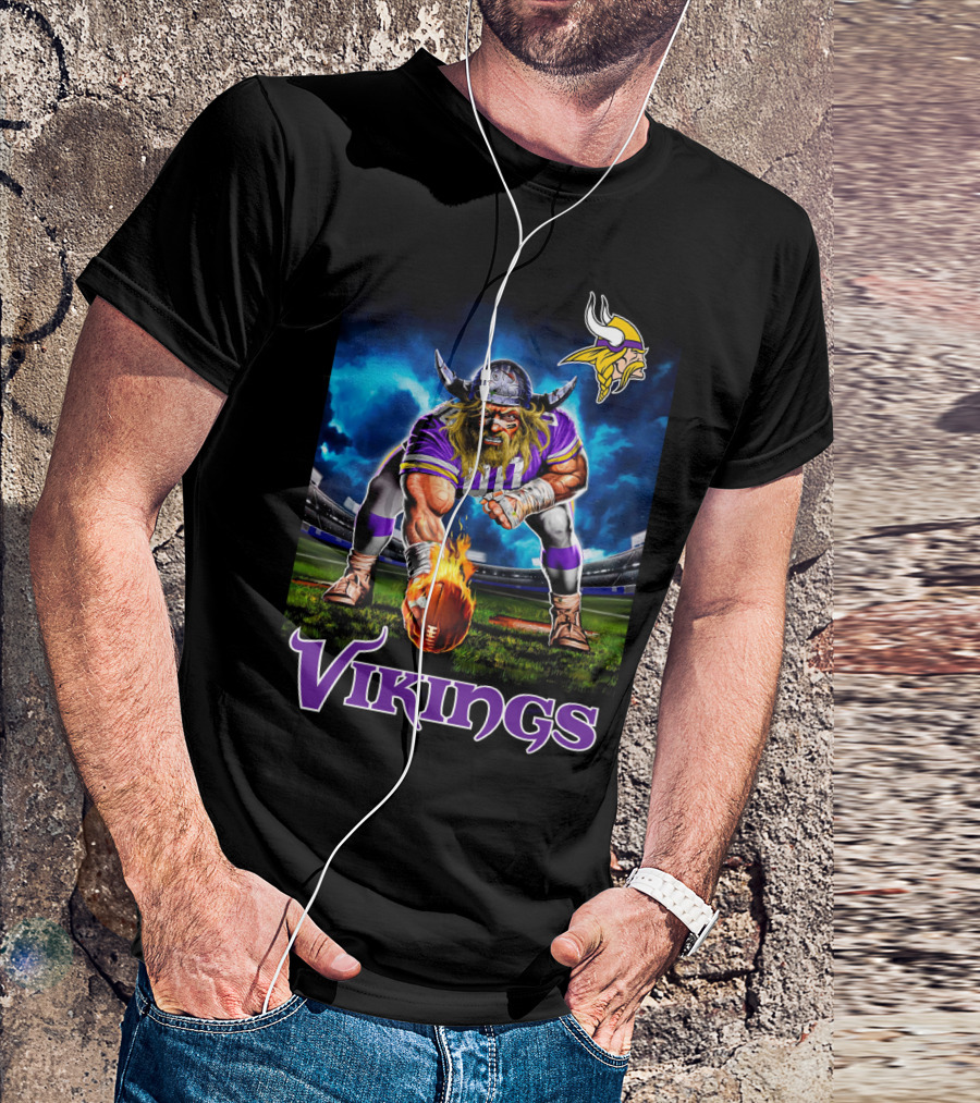Minnesota Vikings 3 Point Stance Nfl Viking Warrior With Helmet And Football In Stadium Nfl T-Shirt