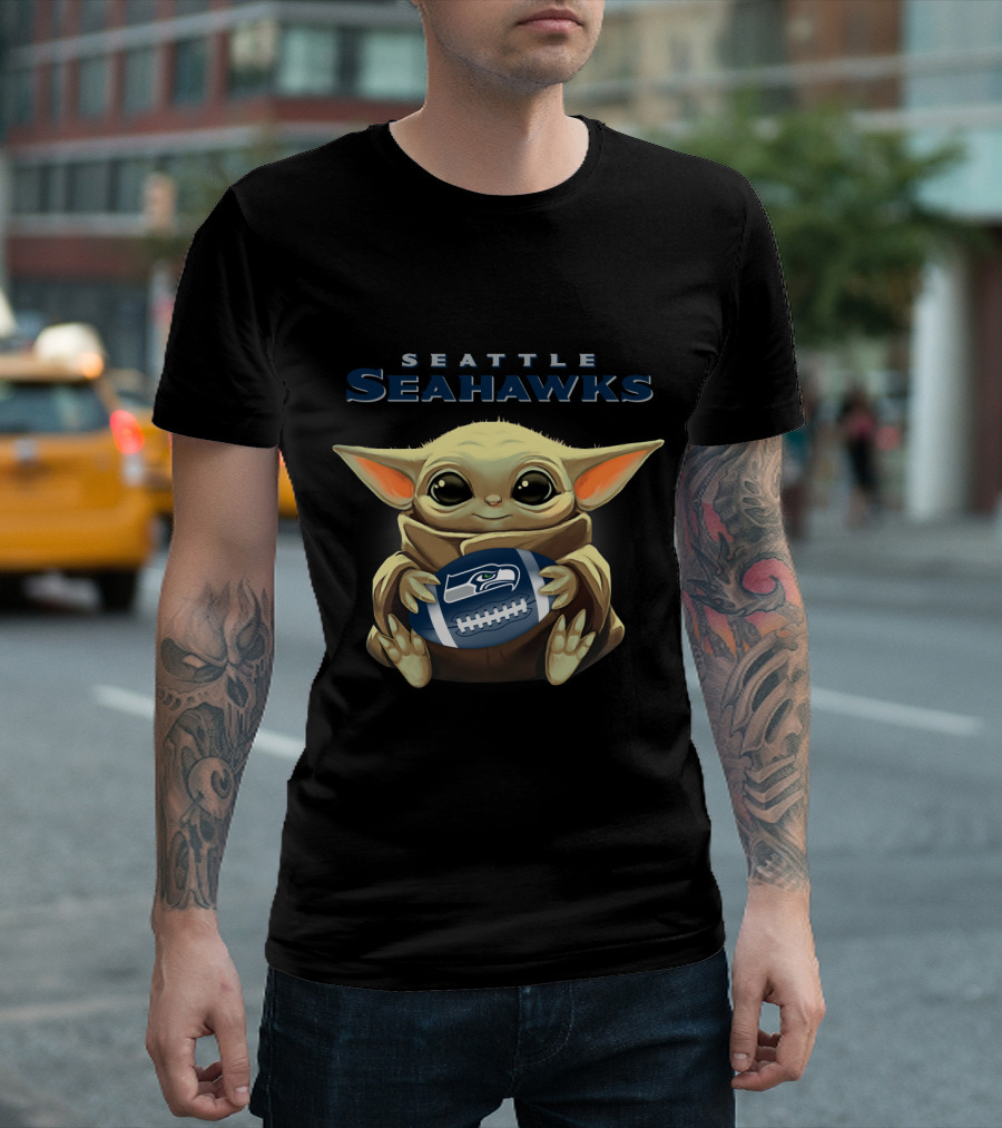 Seattle Seahawks Baby Yoda Holding Seahawks Football T-Shirt