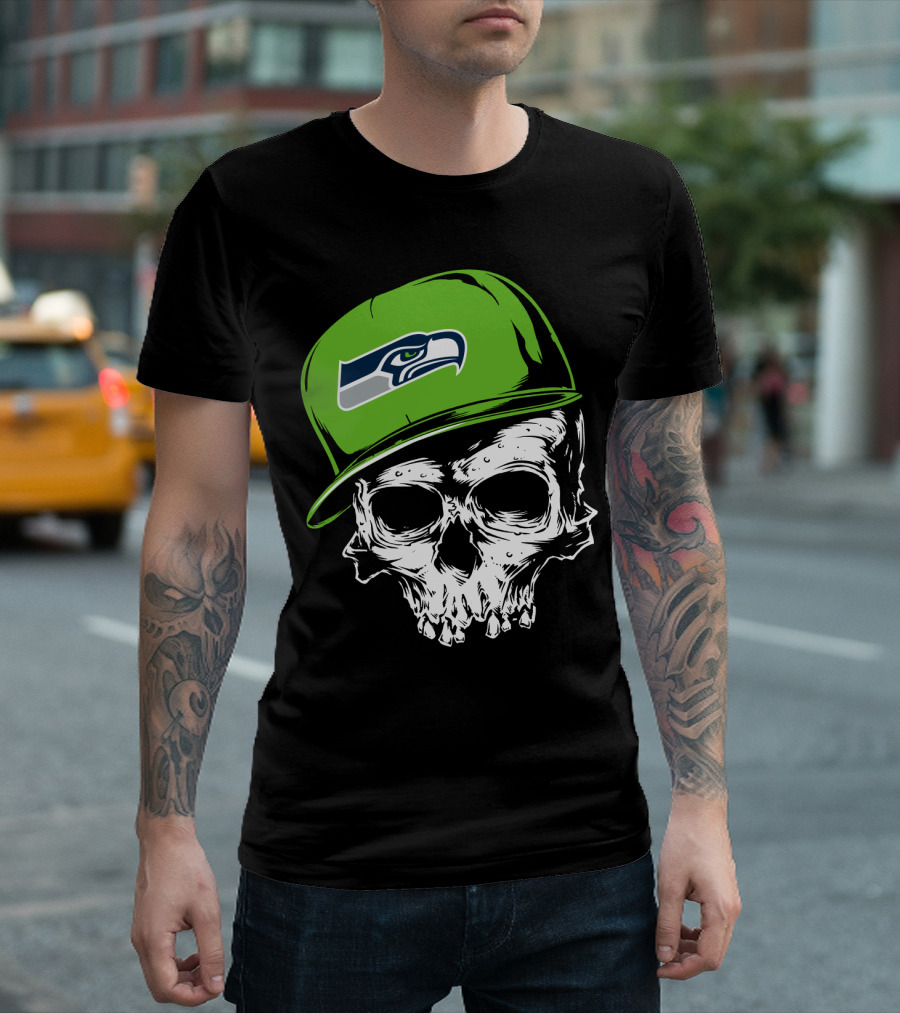 Seattle Seahawks Skull With Green Hat T-Shirt