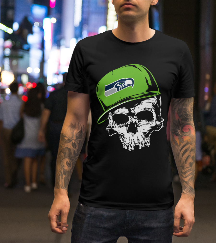 Seattle Seahawks Skull With Green Hat T-Shirt