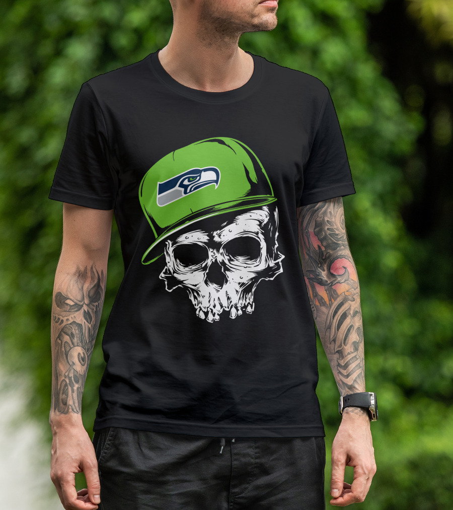 Seattle Seahawks Skull With Green Hat T-Shirt