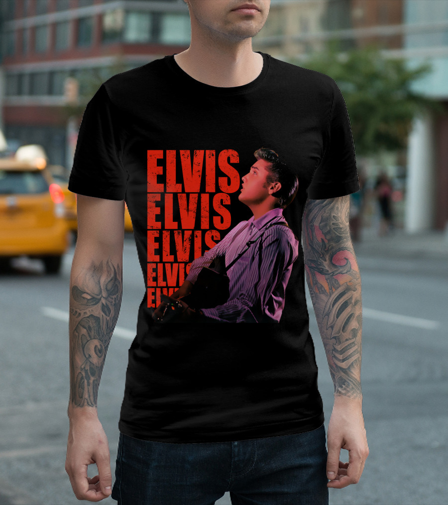 Elvis Vintage Style Portrait With Guitar T-Shirt