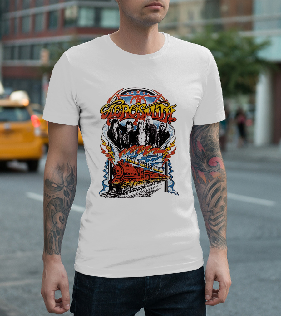Aerosmith Train Kept A Rollin' Retro Band Graphic with Train and Stars T-Shirt