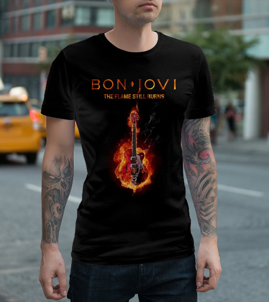 BON JOVI THE FLAME STILL BURNS Guitar On Fire T-Shirt
