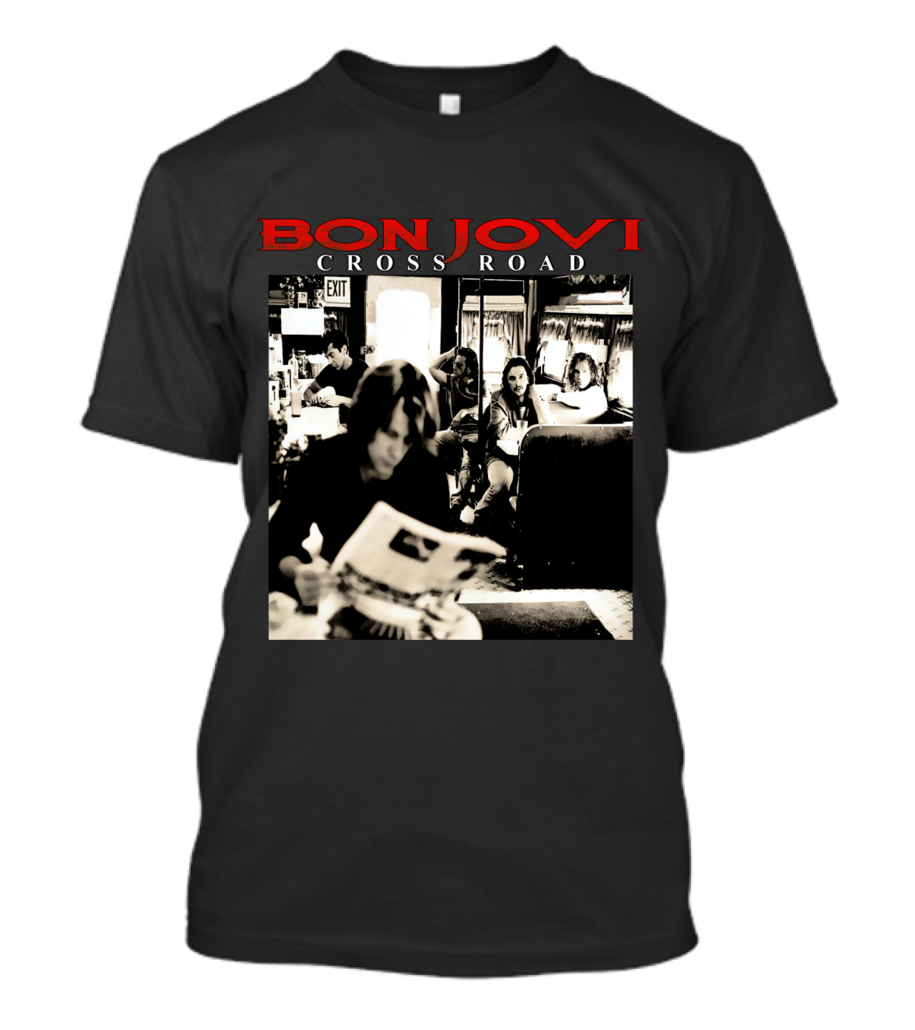 Bon Jovi Cross Road Album Cover Black And White Café Scene T-Shirt