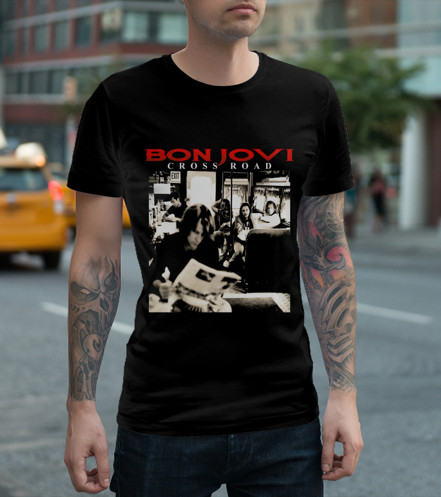 Bon Jovi Cross Road Album Cover Black and White Café Scene T-Shirt